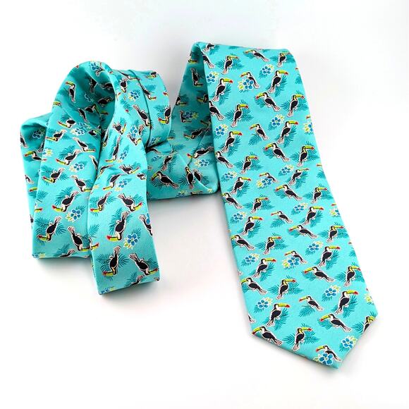 Haggar Clothing Mens Repp Tie Tucan Print Tropical Novelty Colorful Beachy Fun - Picture 2 of 8
